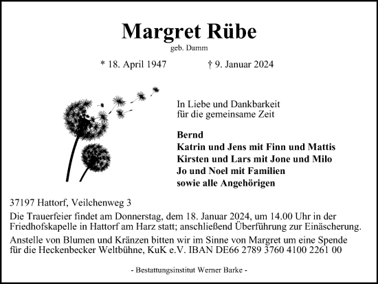 Traueranzeige von Margret Rübe von Harz Kurier
