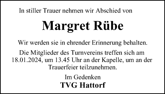 Traueranzeige von Margret Rübe von Harz Kurier