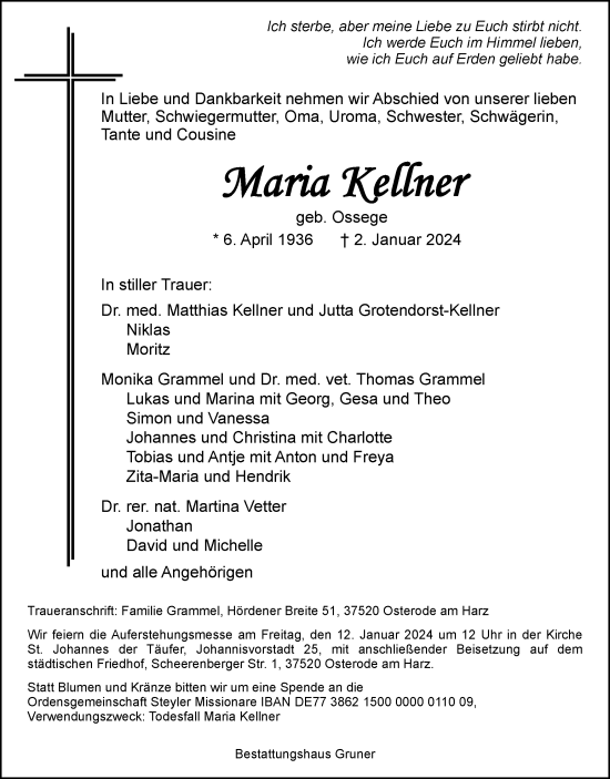 Traueranzeige von Maria Kellner von Harz Kurier