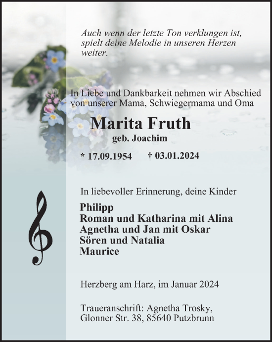 Traueranzeige von Marita Fruth von Harz Kurier