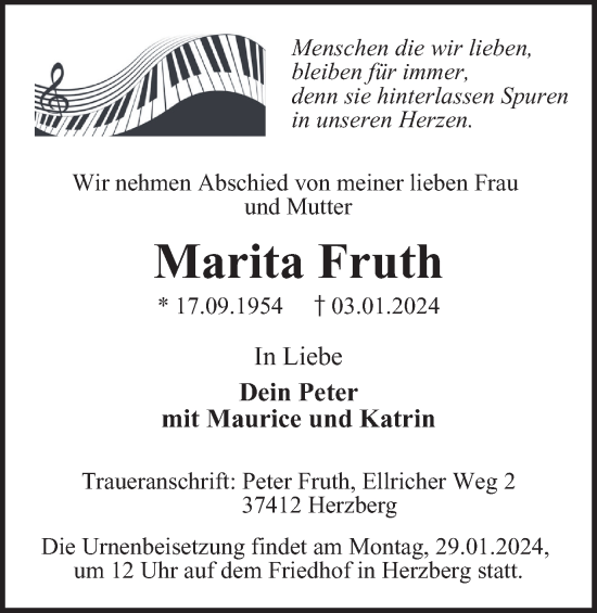 Traueranzeige von Marita Fruth von Harz Kurier