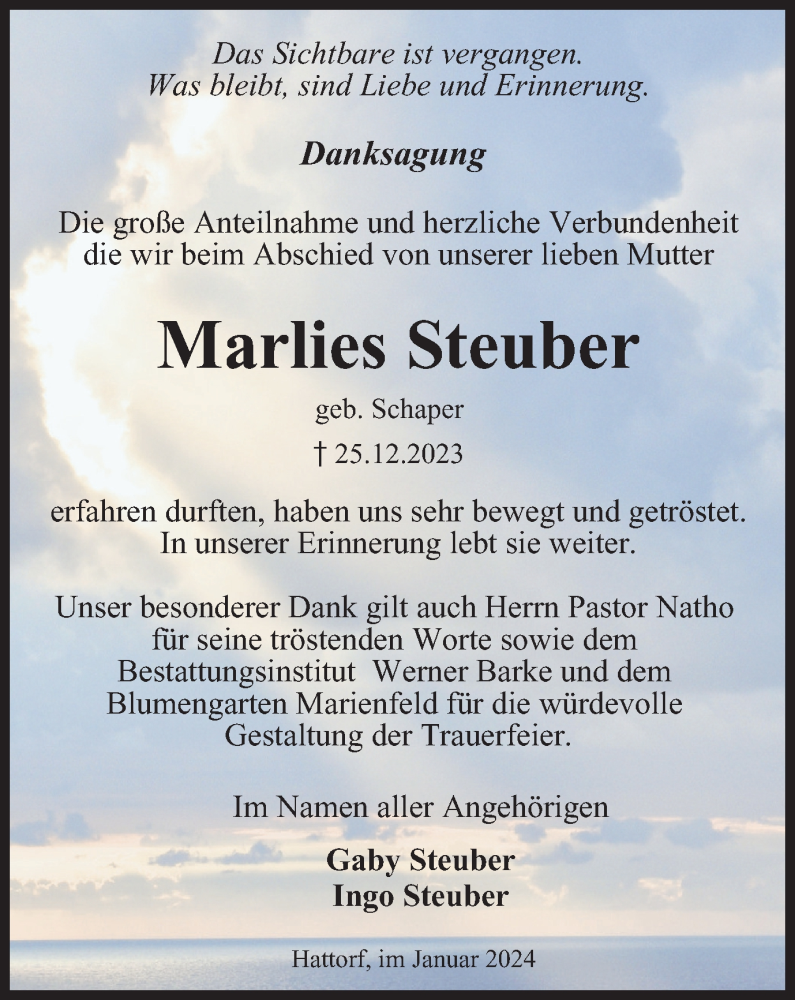  Traueranzeige für Marlies Steuber vom 27.01.2024 aus Harz Kurier