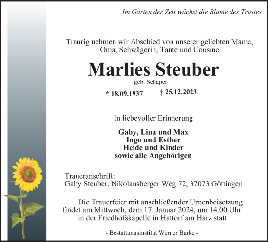 Traueranzeige von Marlies Steuber von Harz Kurier