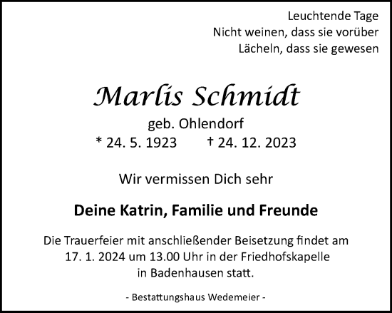 Traueranzeige von Marlis Schmidt von Harz Kurier