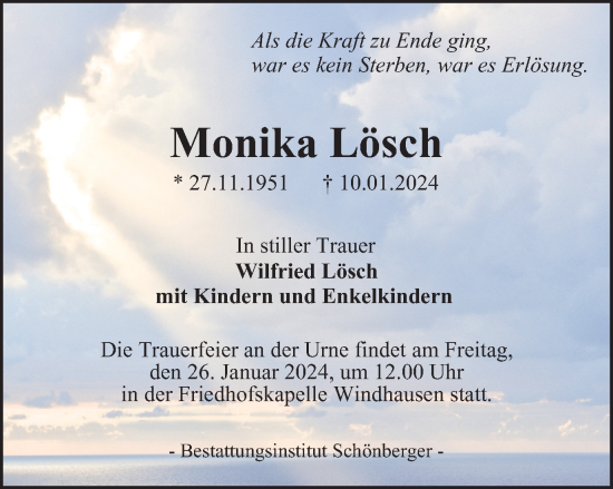 Traueranzeige von Monika Lösch von Harz Kurier