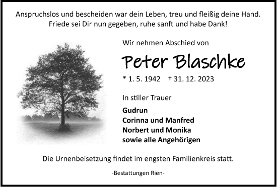Traueranzeige von Peter Blaschke von Harz Kurier