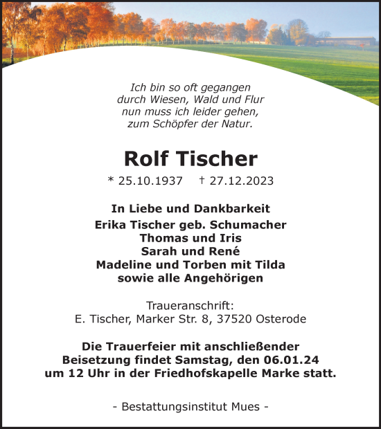 Traueranzeige von Rolf Tischer von Harz Kurier