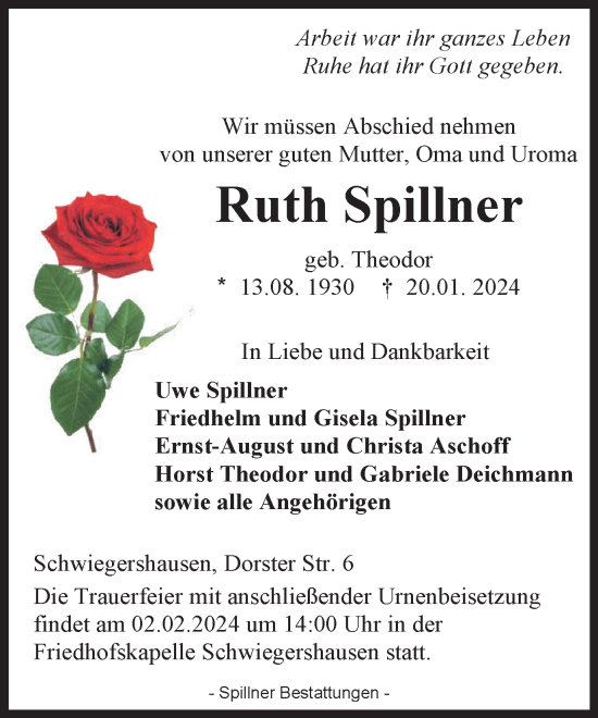 Traueranzeige von Ruth Spillner von Harz Kurier