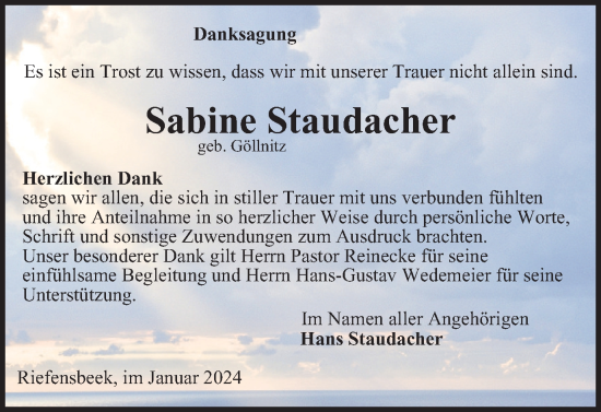 Traueranzeige von Sabine Staudacher von Harz Kurier
