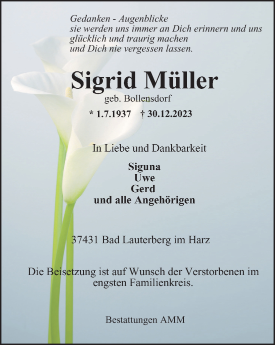 Traueranzeige von Sigrid Müller von Harz Kurier