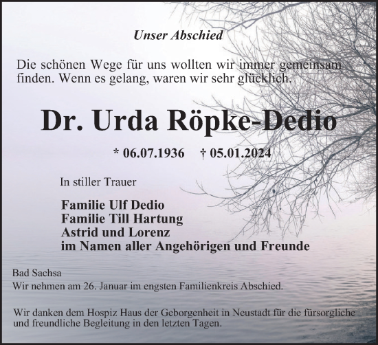 Traueranzeige von Urda Röpke-Dedio von Harz Kurier