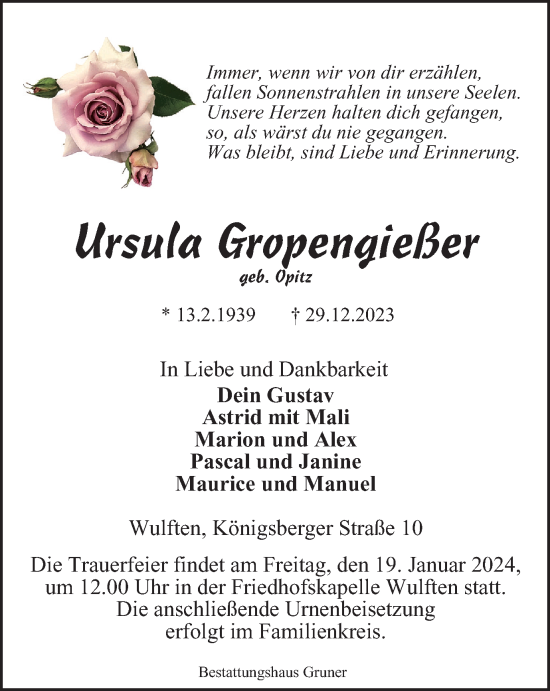 Traueranzeige von Ursula Gropengießer von Harz Kurier