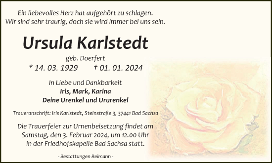 Traueranzeige von Ursula Karlstedt von Harz Kurier