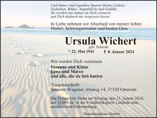 Traueranzeige von Ursula Wichert von Harz Kurier