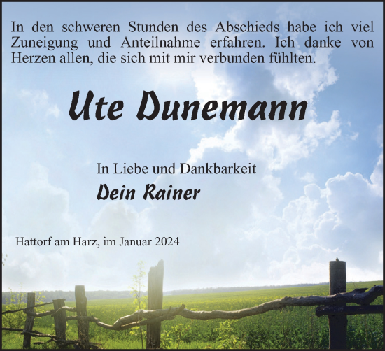 Traueranzeige von Ute Dunemann von Harz Kurier