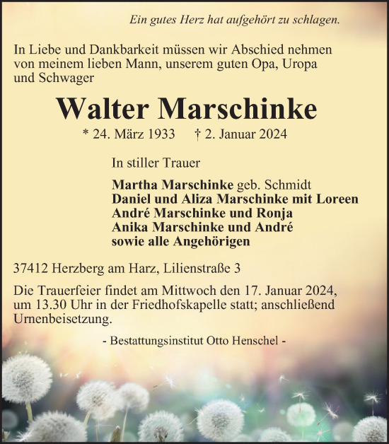 Traueranzeige von Walter Marschinke von Harz Kurier