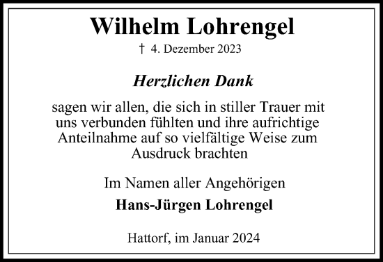 Traueranzeige von Wilhelm Lohrengel von Harz Kurier