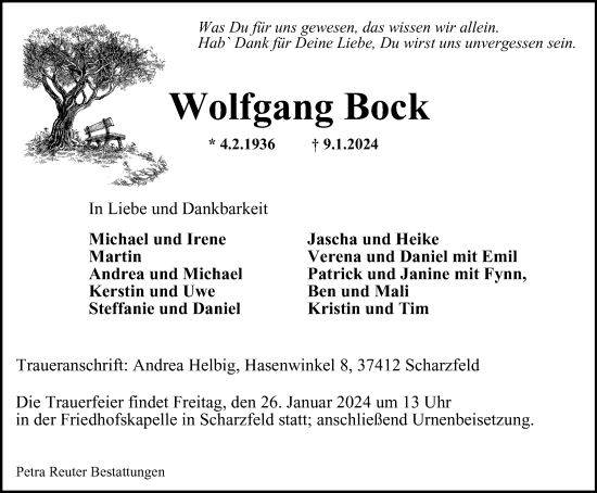 Traueranzeige von Wolfgang Bock von Harz Kurier