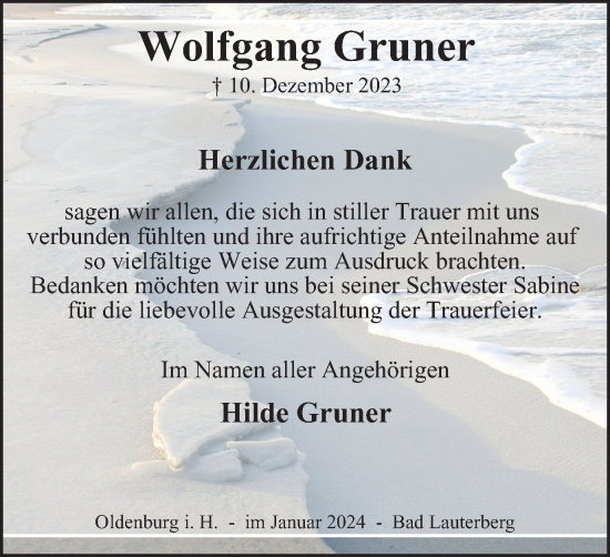Traueranzeige von Wolfgang Gruner von Harz Kurier