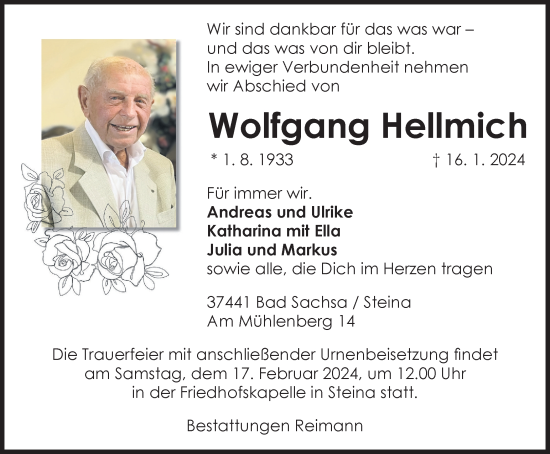 Traueranzeige von Wolfgang Hellmich von Harz Kurier