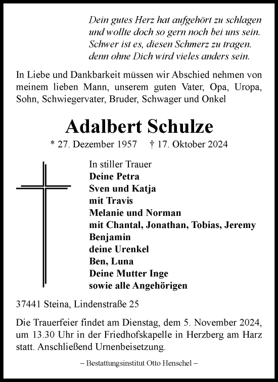 Traueranzeige von Adalbert Schulze von Harz Kurier