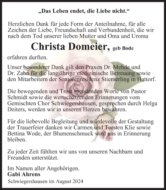 Traueranzeige von Christa Domeier von Harz Kurier