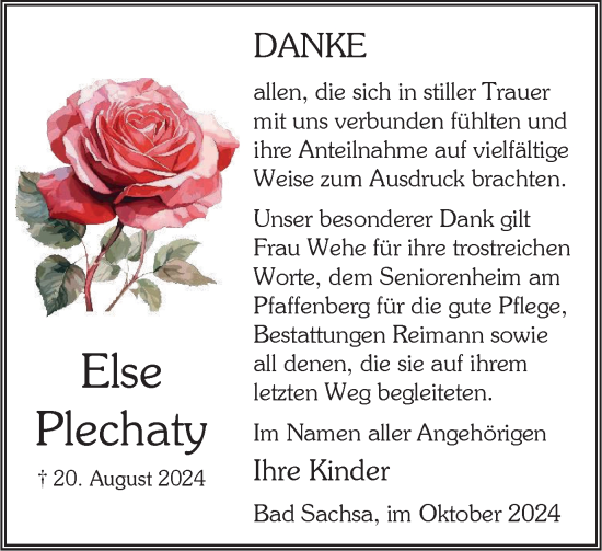 Traueranzeige von Else Plechaty von Harz Kurier
