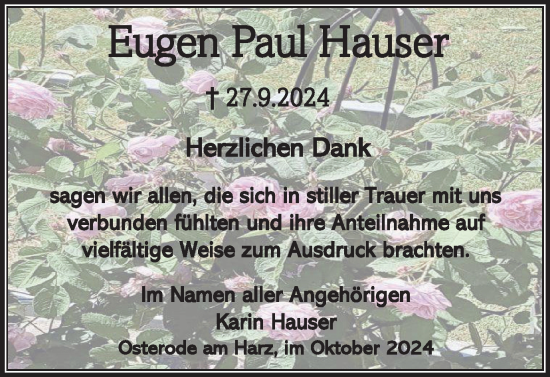 Traueranzeige von Eugen Paul Hauser von Harz Kurier
