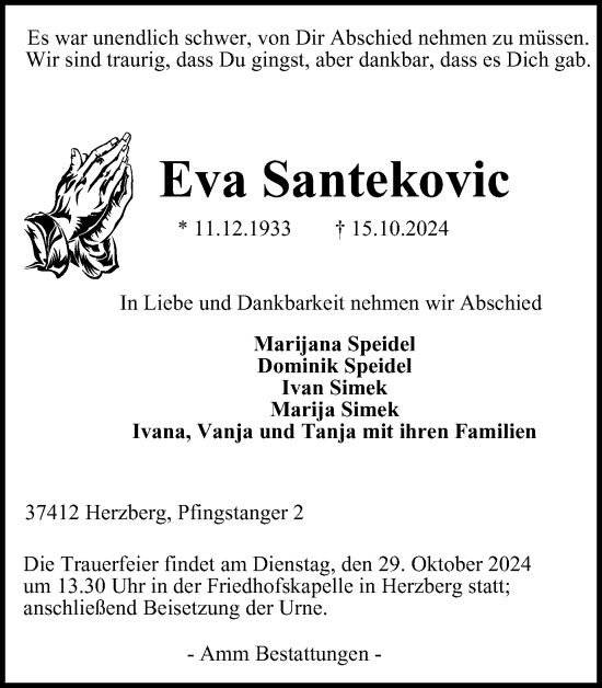 Traueranzeige von Eva Santekovic von Harz Kurier