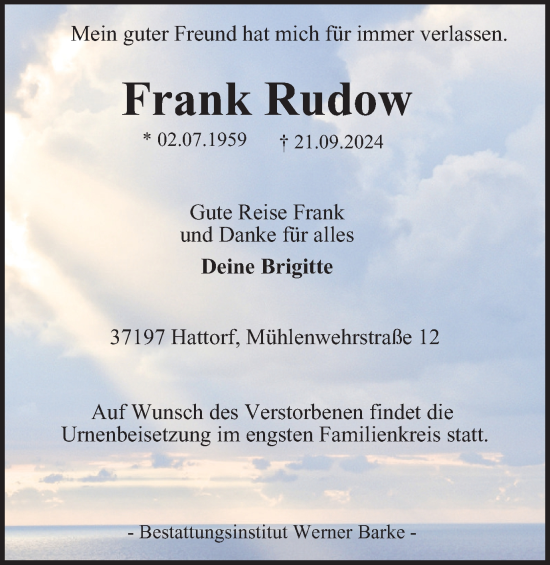 Traueranzeige von Frank Rudow von Harz Kurier