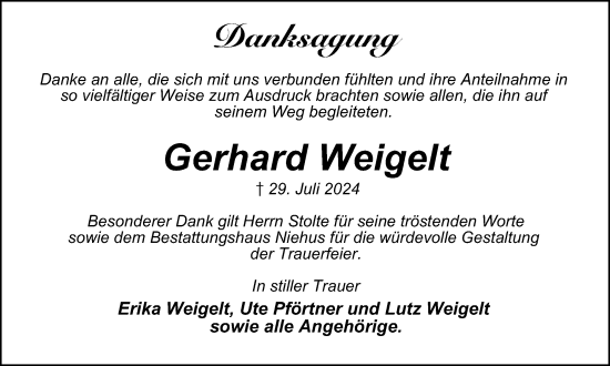Traueranzeige von Gerhard Weigelt von Harz Kurier