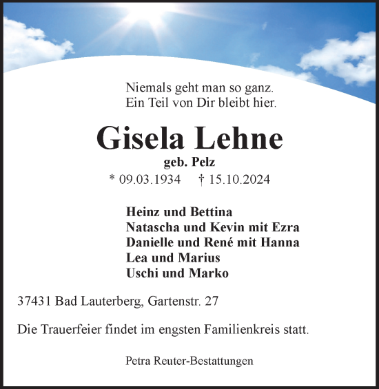 Traueranzeige von Gisela Lehne von Harz Kurier