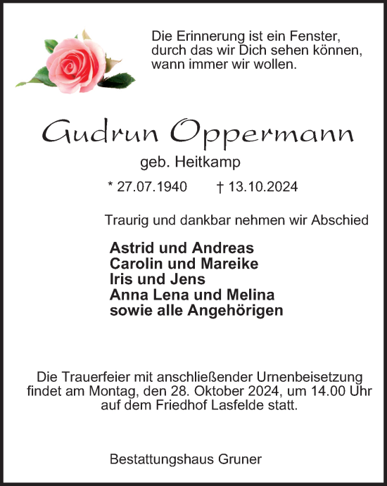 Traueranzeige von Gudrun Oppermann von Harz Kurier