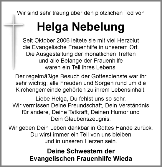 Traueranzeige von Helga Nebelung von Harz Kurier