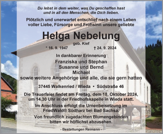 Traueranzeige von Helga Nebelung von Harz Kurier