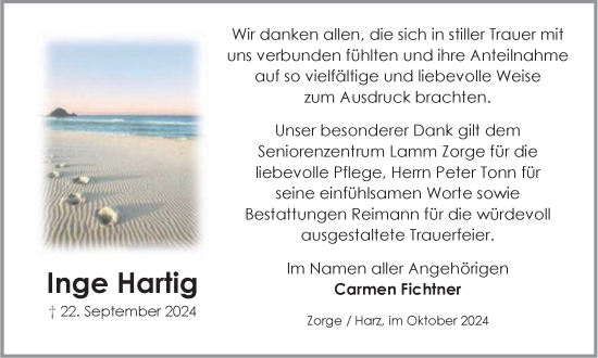 Traueranzeige von Inge Hartig von Harz Kurier