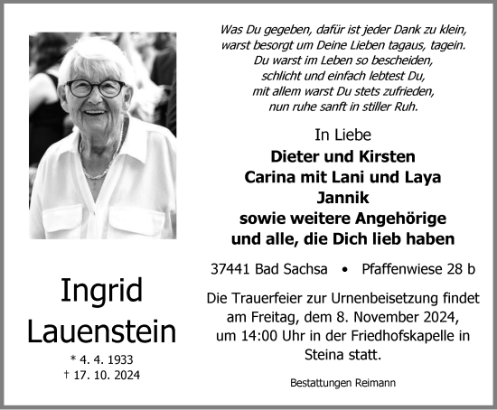 Traueranzeige von Ingrid Lauenstein von Harz Kurier