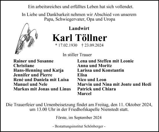 Traueranzeige von Karl Töllner von Harz Kurier