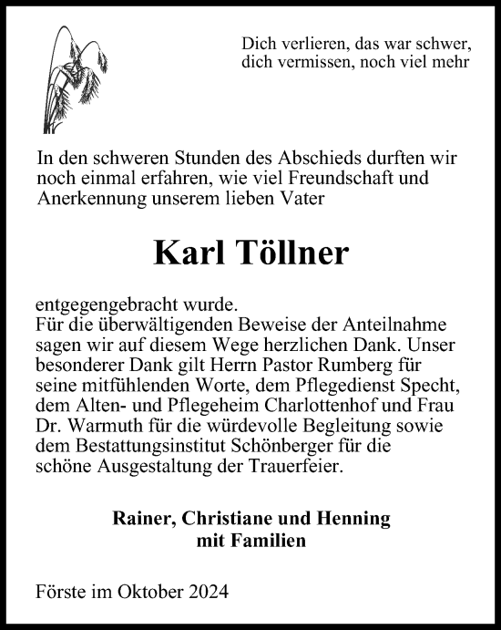 Traueranzeige von Karl Töllner von Harz Kurier
