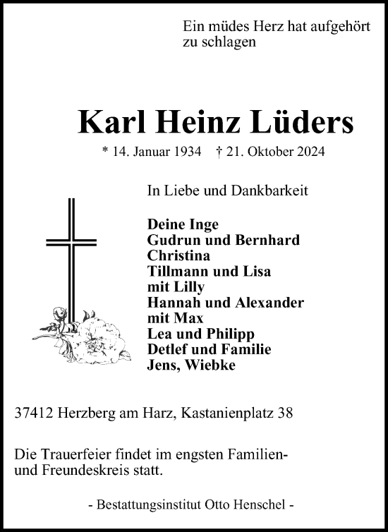 Traueranzeige von Karl Heinz Lüders von Harz Kurier