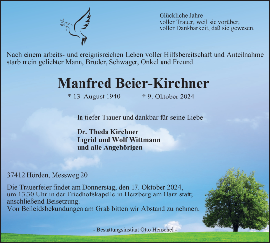 Traueranzeige von Manfred Beier-Kirchner von Harz Kurier
