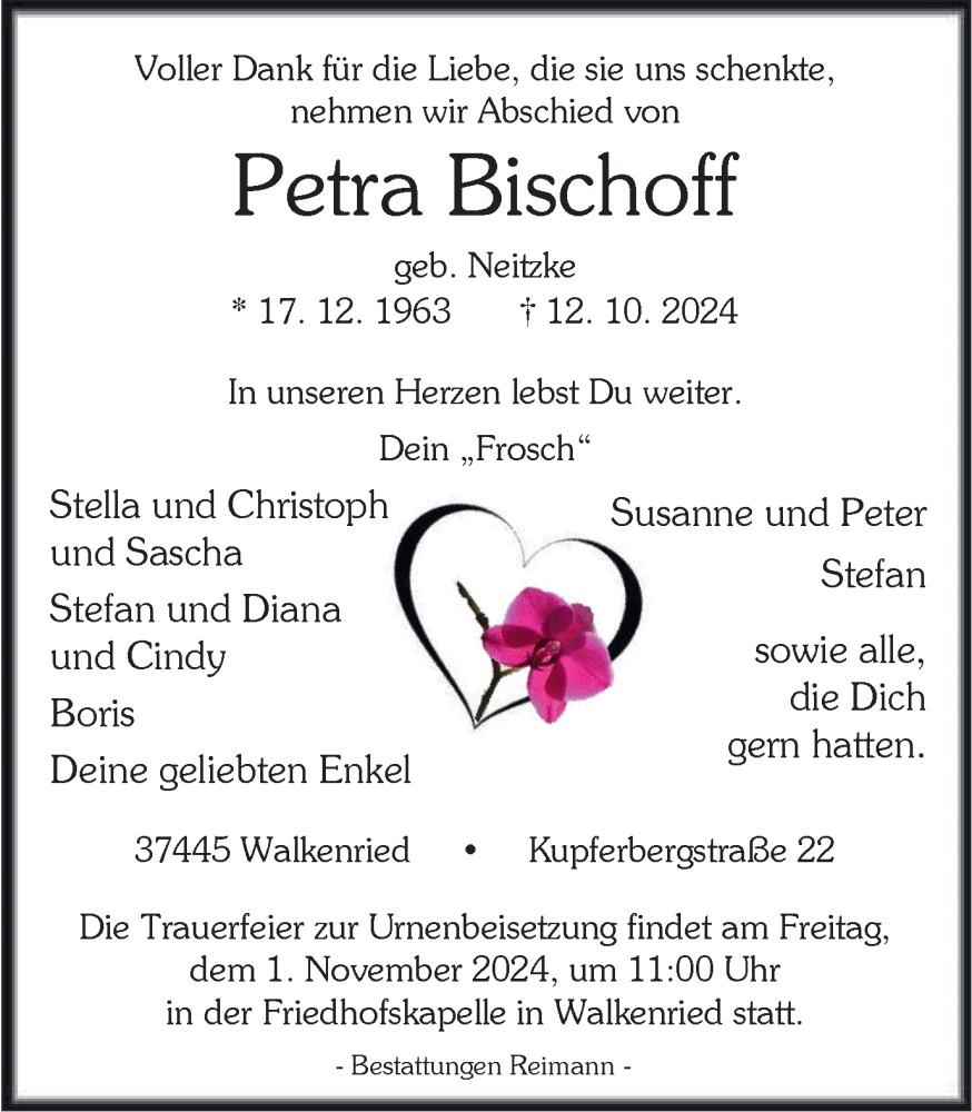  Traueranzeige für Petra Bischoff vom 19.10.2024 aus Harz Kurier