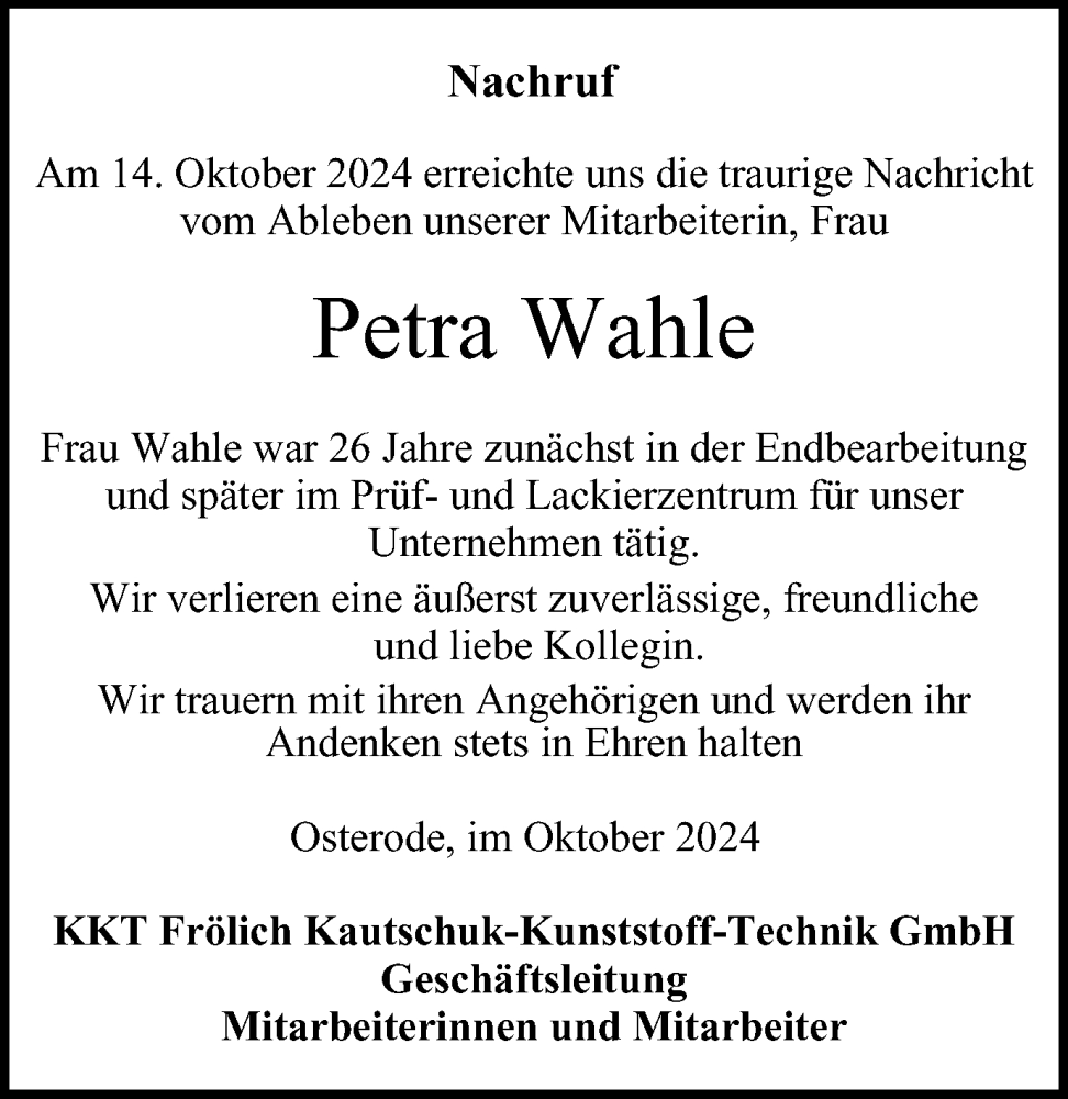  Traueranzeige für Petra Wahle vom 19.10.2024 aus Harz Kurier
