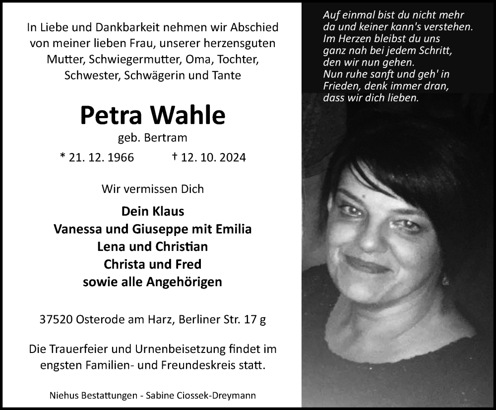  Traueranzeige für Petra Wahle vom 19.10.2024 aus Harz Kurier