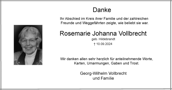 Traueranzeige von Rosemarie Johanna Vollbrecht von Harz Kurier
