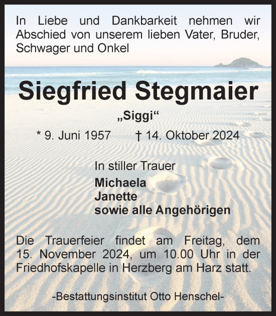 Traueranzeige von Siegfried Stegmaier von Harz Kurier