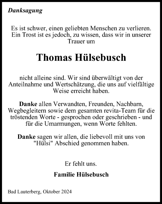 Traueranzeige von Thomas Hülsebusch von Harz Kurier
