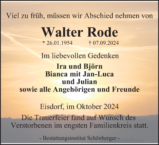 Traueranzeige von Walter Rode von Harz Kurier