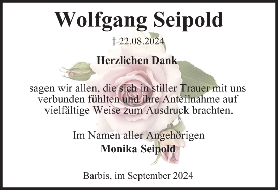 Traueranzeige von Wolfgang Seipold von Harz Kurier