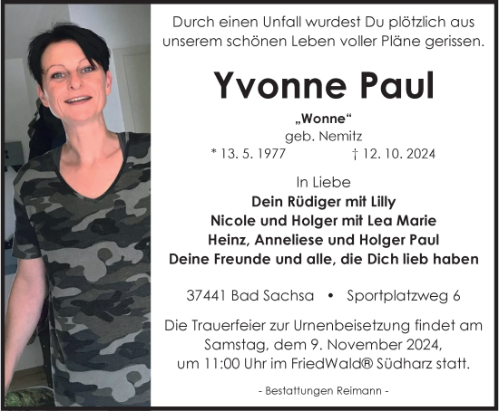 Traueranzeige von Yvonne Paul von Harz Kurier
